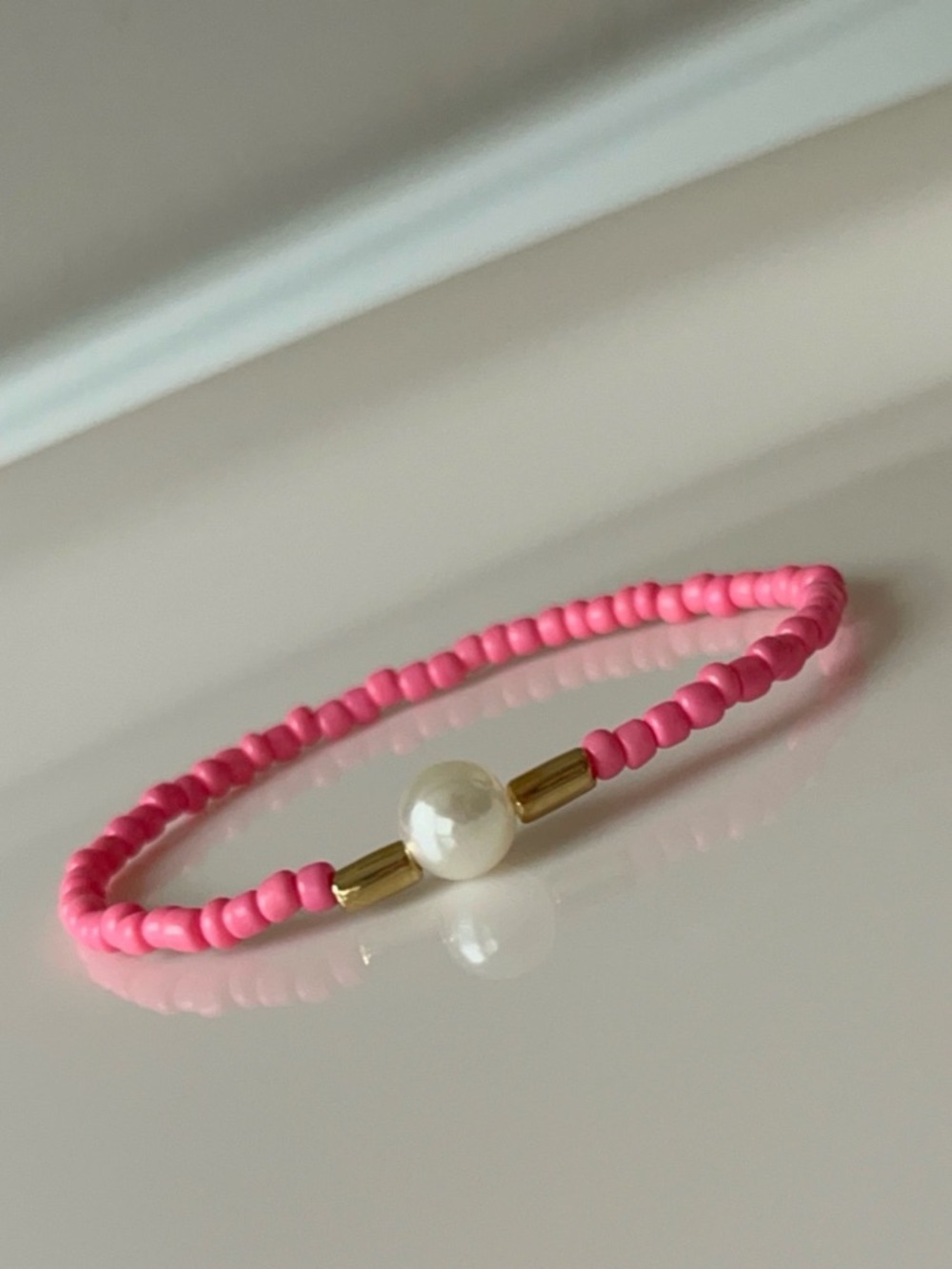 Pink Seed Bead Bracelet with Pearl Accent